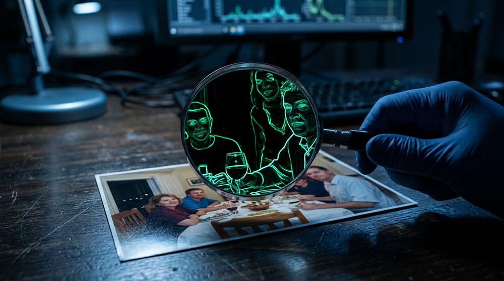 Magnifying loupe held over a color photo, revealing it in Error Level Analysis mode with neon edges glowing on a black background